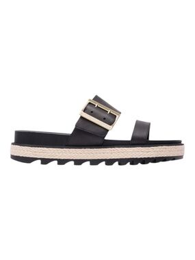 Sorel Roaming Buckle Slide Sandals In Black Leather, Jute Wrapped Platform, 9.5